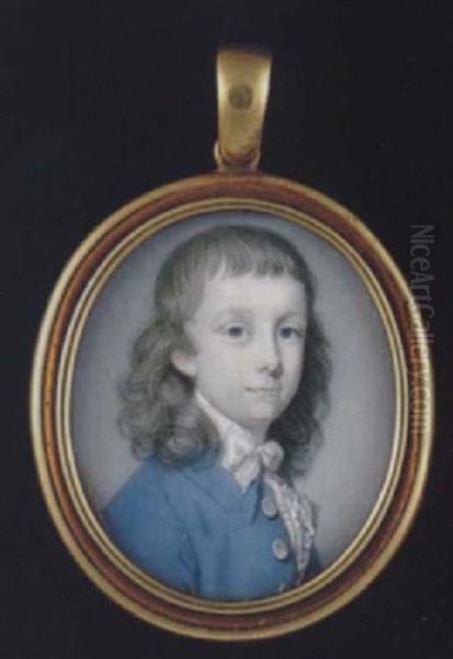 Portrait Of A Young Boy With Loose Natural Hair, Wearing Sky-blue Coat With Silver Buttons, Tied White Stock And Lace Cravat Oil Painting by Richard Crosse