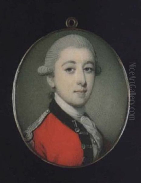 Portrait Of A Young Officer With Powdered Hair En Queue, Wearing Scarlet Coat With Blue Facings, Silver Epaulette And Frogging... Oil Painting by Richard Crosse