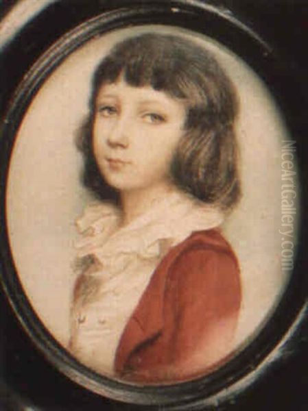 A Boy With Long Dark Hair And Wearing A Red Jacket Over A White Waistcoat Oil Painting by Richard Crosse