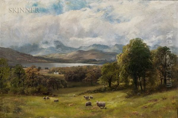 Valley Landscape With Sheep At Pasture Oil Painting by James Henry Crossland