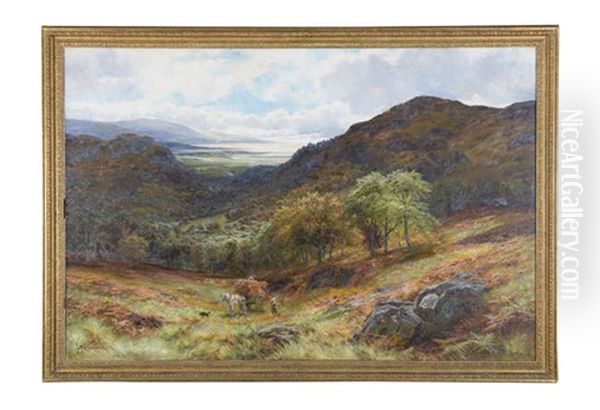 An Extensive Autumnal Coastal Landscape With Figures Harvesting Oil Painting by James Henry Crossland