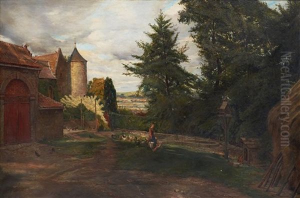 Feeding The Chickens On A French Farm Oil Painting by Eyre Crowe