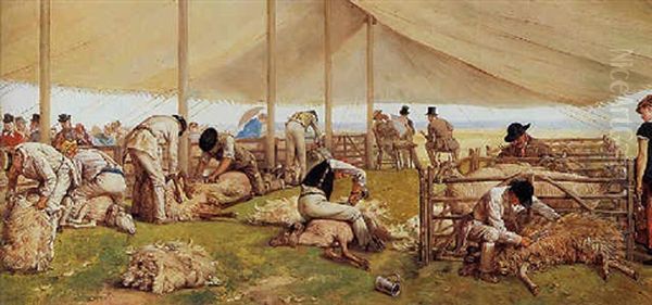 A Sheep-shearing Match Oil Painting by Eyre Crowe