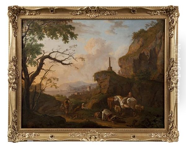 Italianate Landscape With Travellers And Animals On A Wooded Path Oil Painting by Nicholas Joseph Crowley