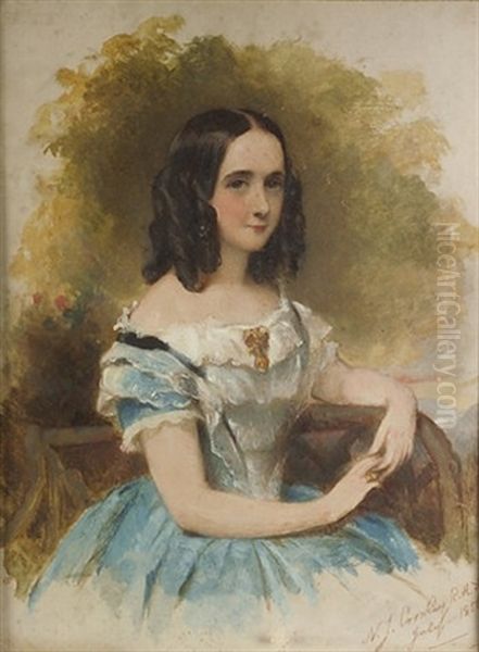 Portrait Of A Young Lady, Seated, In Blue Dress Oil Painting by Nicholas Joseph Crowley