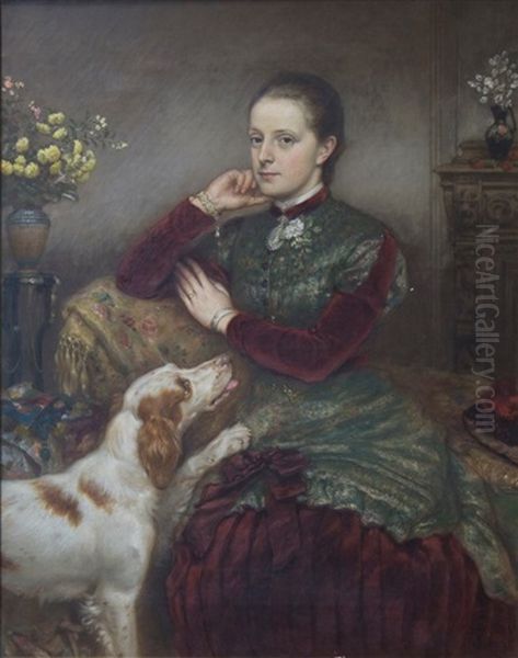 A Lady Seated In A Parlour With A Liver And White Spaniel by Robert Crozier