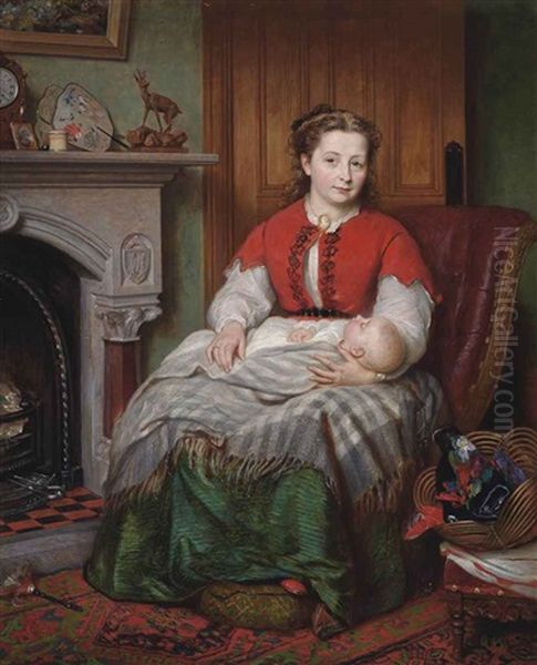 A Mother And Child Seated Beside A Hearth Oil Painting by Robert Crozier