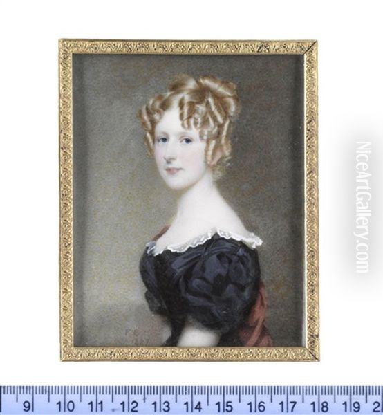 Charlotte Esther Lister, Wearing Black Dress With White Lace Trim, Red Stole, Her Blonde Hair Elaborately Upswept And Curled In Ringlets Oil Painting by Frederick Cruickshank