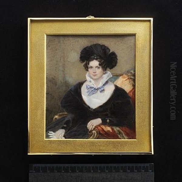 A Lady, Seated, Wearing Black Dress With White Fill-in And Standing Frilled Collar Tied With A Pale Blue Ribbon Bow, Black Headdress With Jewelled Pin, She Holds A White Glove Oil Painting by Frederick Cruickshank