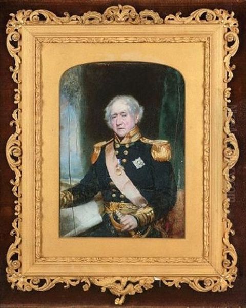 Admiral Sir James Hawkins Of Whitshed Bt. Wearing Uniform, Breast Star And Red Sash Of The Order Of The Bath And Naval Gold Medal (st. Vincent), Green Curtain Background Oil Painting by Frederick Cruickshank