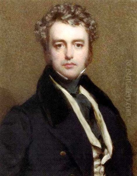 John Gibson Reeves, In Black Coat With Velvet Collar And Gold Buttons, Buff Coloured Waistcoat And Black Stock, Curling Brown Hair And Sideburns Oil Painting by Frederick Cruickshank