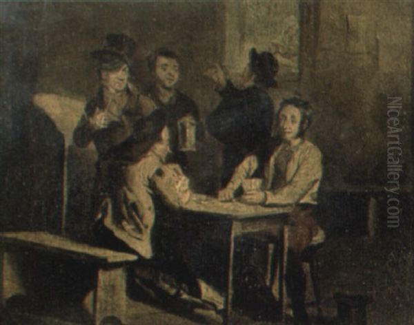 Peasants Drinking And Playing Cards In An Interior Oil Painting by George Cruikshank