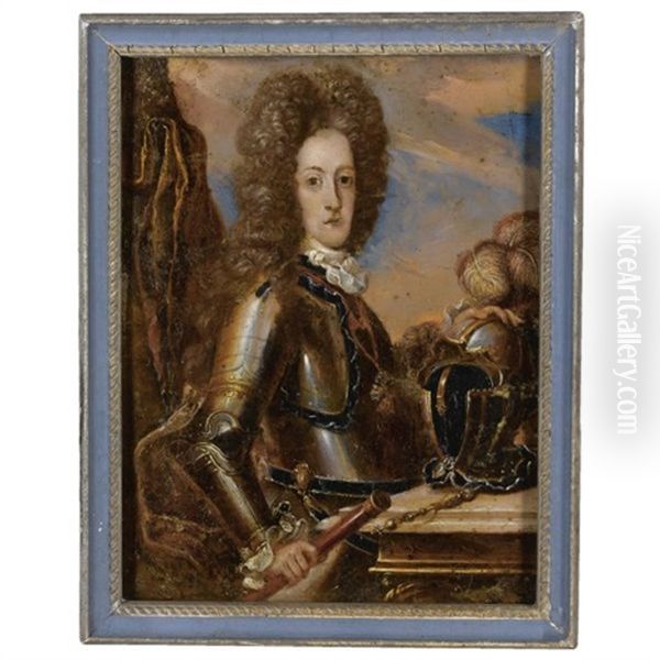 Portrait Of A Nobleman, Prince Eugen Of Savoy (?) Wearing A Full Bottomed Wig, Armour, Holding A Baton With His Right Hand, Resting On A Helmet With His Left Oil Painting by Pedro Crusells