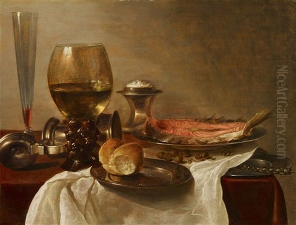 Still Life With Glasses, Bread, And Salmon Oil Painting by Cornelis Cruys