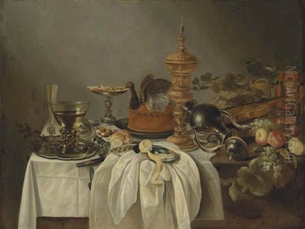 A Pewter Jug, A Game Pie, A Silver Tazza, Roemers And A Facon-de-venise Flute On A Pewter Platter, With A Partly-peeled Lemon, A Dish Of Olives, And Other Fruit, On A Partially Draped Table Oil Painting by Cornelis Cruys