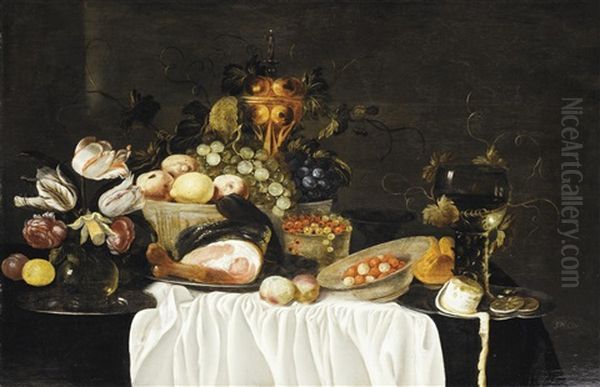 Nature Morte A La Piece De Delft Et Au Jambon Oil Painting by Cornelis Cruys