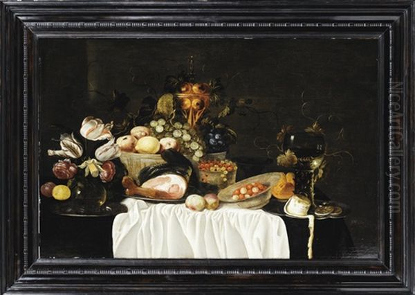 Nature Morte A La Piece De Delf Et Au Jambon Oil Painting by Cornelis Cruys