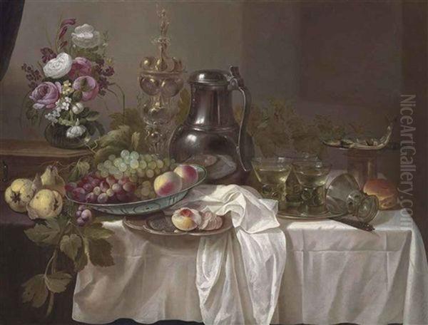 Grapes And Peaches In A Wan-li Porcelain Bowl, Roemers On A Pewter Platter, Peonies, Roses And Other Flowers In A Vase On A Wooden Box, With Pears Oil Painting by Cornelis Cruys