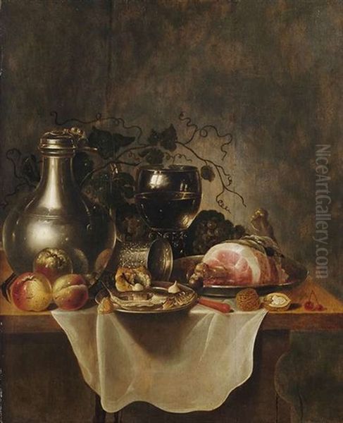 Fruhstucksstilleben Mit Zinnkrug, Romerglas, Schinken, Matjeshering Und Obst Auf Einem Holztisch Oil Painting by Cornelis Cruys