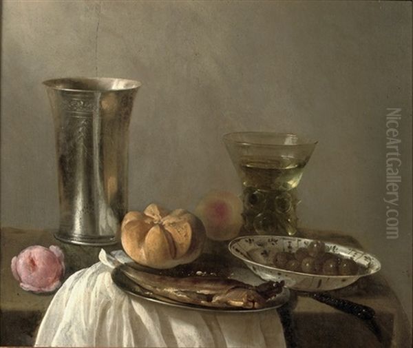 A Silver Beaker, A Herring On A Pewter Plate, A Wan-li Bowl With Olives And A Roemer, All On A Partially Draped Table Oil Painting by Cornelis Cruys