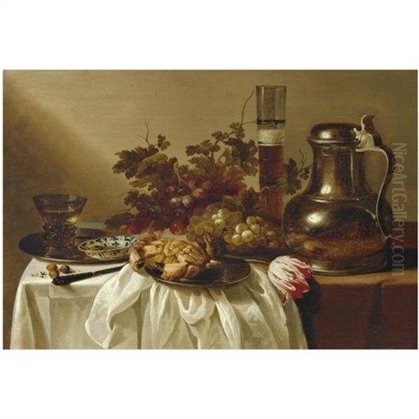 Still Life With A Pewter Flagon Together With A Glass Of Beer, A Crab, A Blue-and-white Dish And A Roemer On Pewter Dishes, Together With A Knife, Hazelnuts, A Tulip And Bunches Of Grapes On A Table P Oil Painting by Cornelis Cruys