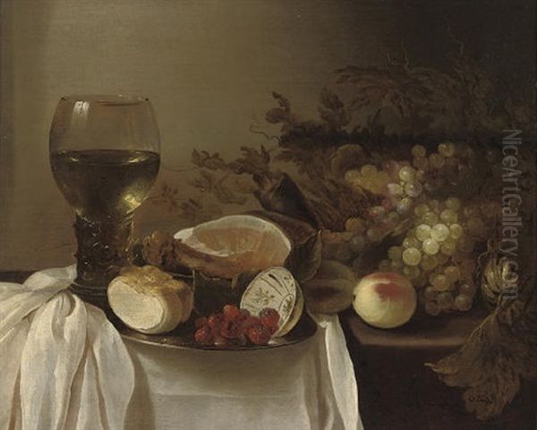 A Roemer Of Wine, A Pewter Platter With A Bread Roll... Oil Painting by Cornelis Cruys