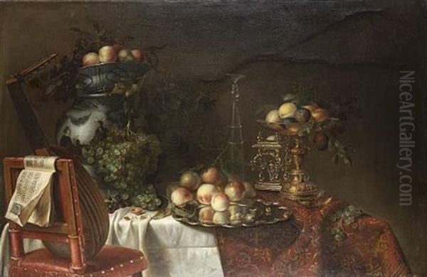 A Wan-li Kraakware Dish Filled With Peaches, Pears And Grapes Atop A Chinese Baluster Form Jar, With A Silver Gilt Tazza Of Plums And Apples, And A Silver Charger Of Cobb Nuts, Peaches And Apples Oil Painting by Cornelis Cruys