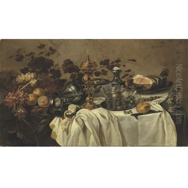 A Gilt Cup And Cover, An Overturned Pewter Jug, Fruit, A Ham On A Pewter Plate, Three Berkmeyer Glasses On A Pewter Plate, A Salt, A Porcelain Mustard Pot, A Knife And A Partly Peeled Lemon On A Table Oil Painting by Cornelis Cruys