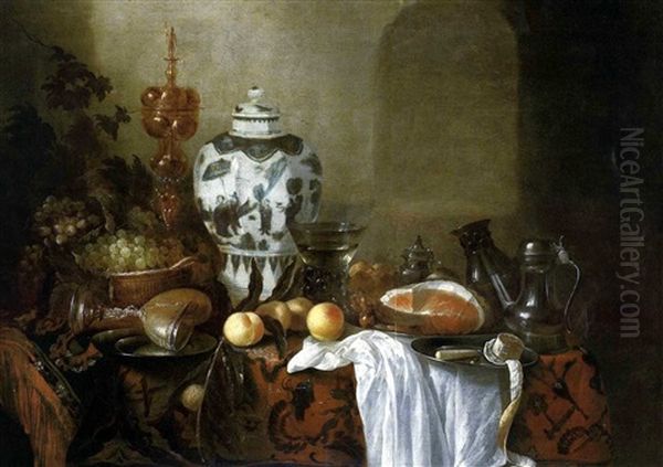 Stilleben Mit Einer Ming-vase, Zwei Pokalen, Zinngeschirr, Einem Gefullten Weinglas Sowie Einem Schinken, Weintrauben Und Pfirsichen Auf Einem Kostbaren Orientteppich by Cornelis Cruys