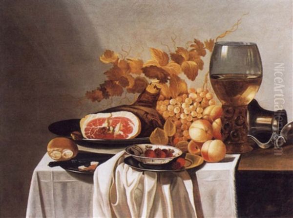 Nature Morte De Fruits Et Jambon Voisinant Sur Un Entablement Avec Un Pichet Et Un Verre De Vin by Cornelis Cruys