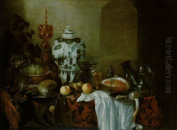 Stilleben Mit Einer Ming-vase, Zwei Pokalen, Zinngeschirr, Einem Gefullten Weinglas Und Anderen Oil Painting by Cornelis Cruys