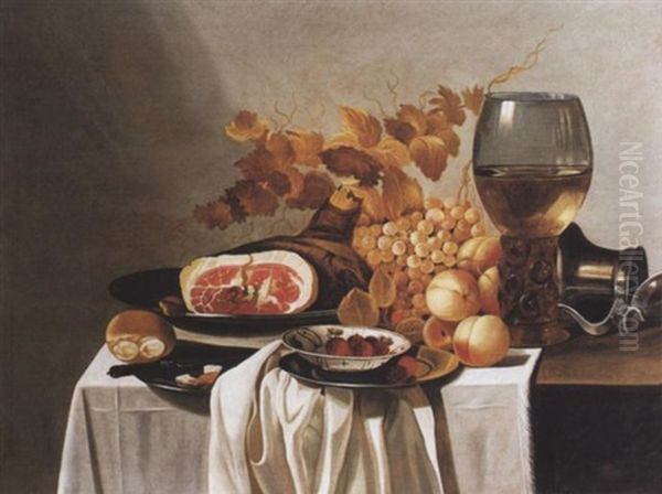 Nature Morte De Fruits Et Jambon Voisinant Sur Un Entablement Avec Un Pichet Et Un Verre De Vin Oil Painting by Cornelis Cruys