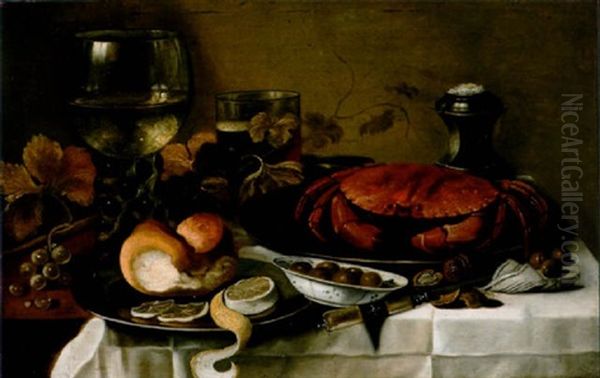 A Roemer Of White Wine, A Lobster On A Pewter Salver, Bread And A Peeled Lemon, A Porcelain Dish With Olives, A Glass Of Beer, A Salt-cellar With Walnuts And Grapes Oil Painting by Cornelis Cruys