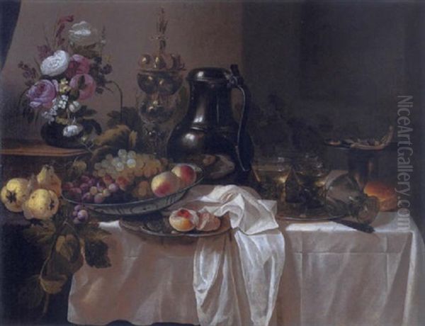 Stillleben Mit Fruchten, Buschrosen, Buckelpokal Und Rembrandtkanne Oil Painting by Cornelis Cruys