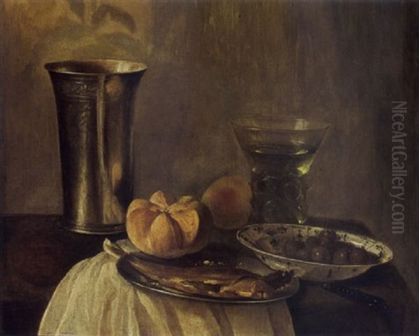 A Still Life With A Silver Beaker, A Herring On A Pewter Plate, A Bun, A Peach, A Roemer, And Olives In A Wan-li Bowl Together With A Knife On A Table Oil Painting by Cornelis Cruys