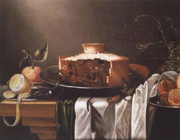 A Pie On A Silver Dish With A Partially Peeled Lemon, Oranges And Cobb Nuts On A Draped Table Oil Painting by Cornelis Cruys