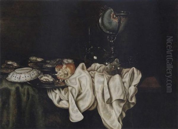 Stilleben Med Nautiluspokal, Remmare, Ostron Och Brod Oil Painting by Cornelis Cruys