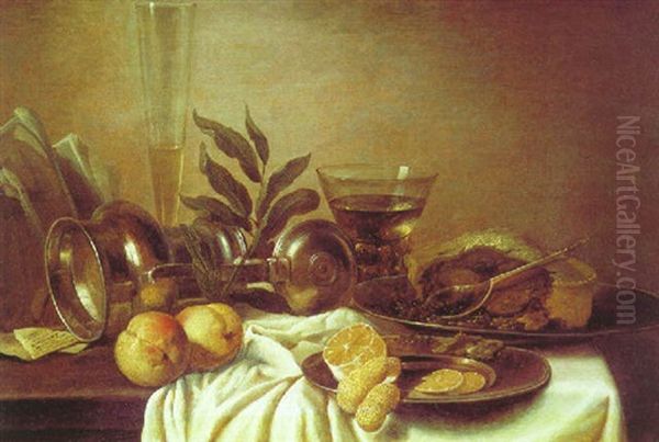 Nature Morte A La Tourte Et Au Vase Rohmer Sur Un Entablement Oil Painting by Cornelis Cruys