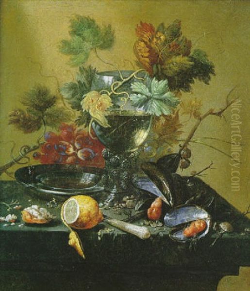 Nature Morte Au Verre Rohmer, Raisins Et Citron Sur Un Entablement Oil Painting by Cornelis Cruys