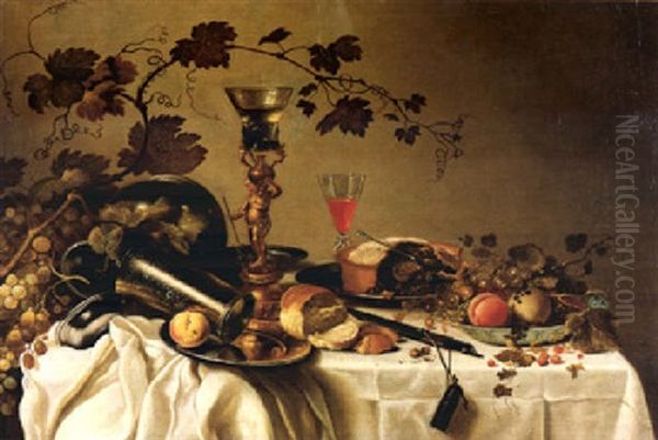 Stilleben Mit Fruchten In Einer Delfter Schale, Brombeerpastete, Zinngeschirr, Verschiedenen Glasern Und Trauben Oil Painting by Cornelis Cruys