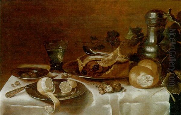 A Pie, A Bread Roll, Wallnuts And Hazelnuts, A Partly Peeled Lemon And Other Objects On A Partly Draped Table Oil Painting by Cornelis Cruys