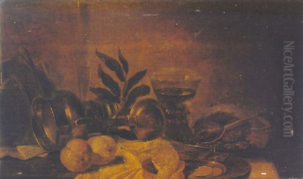 A Still Life Of A Silver Cup And Cover, A Venetian Glass, A Roemer, Peaches And Other Objects On A Wooden Table Oil Painting by Cornelis Cruys