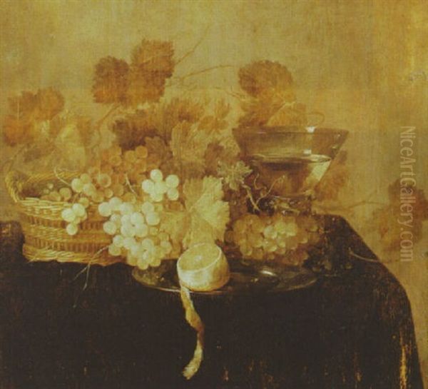 Grapes In A Wicker Basket, A Roemer And A Peeled Lemon On A Pewter Plate, On A Draped Table Oil Painting by Cornelis Cruys