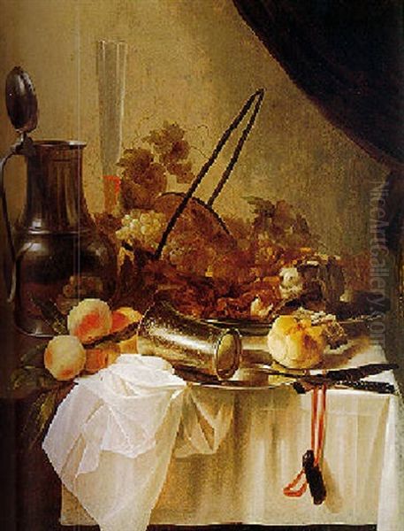 A Still Life Of Meat, Bread, Fruit And Objects On A Table Oil Painting by Cornelis Cruys