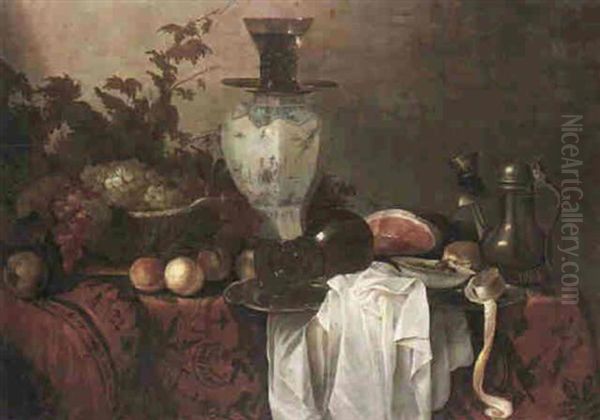 A Still Life Of A Basket Of Grapes And Vines, Jar, Ham, More Fruit, Roemer, Olives And A Pewter On A Table Oil Painting by Cornelis Cruys