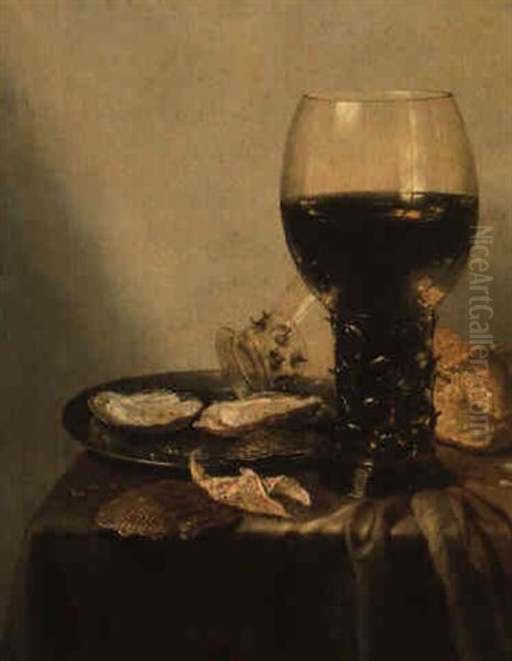 A Roemer, Bread Roll And Pepper With Overturned Roemer And Oysters by Cornelis Cruys