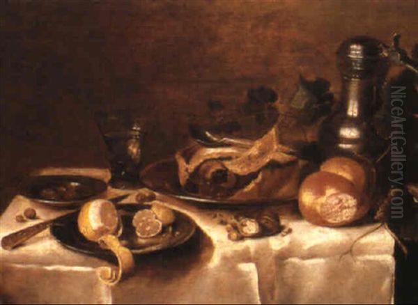 Still Life Of A Pie, Lemons, And Other Food And Dishes On A Draped Table Oil Painting by Cornelis Cruys