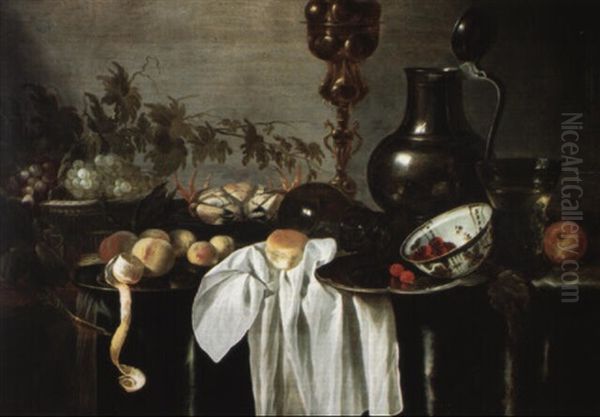 Nature Morte Aux Pieces D'orfevrerie, Paniers De Raisins. . .et Crabe Oil Painting by Cornelis Cruys