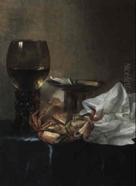 Still Life With Roemer, Tazza, Knife And Crab On A Draped Table Oil Painting by Cornelis Cruys