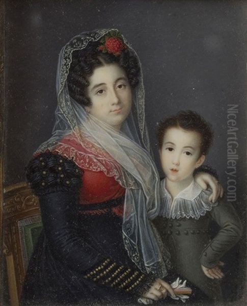 Retrato De Dona Rosario Fernandez De Santillana Y Su Hijo Tirso Tellez Giron (1817-1871) Oil Painting by Luis de la (El Canario) Cruz y Rios